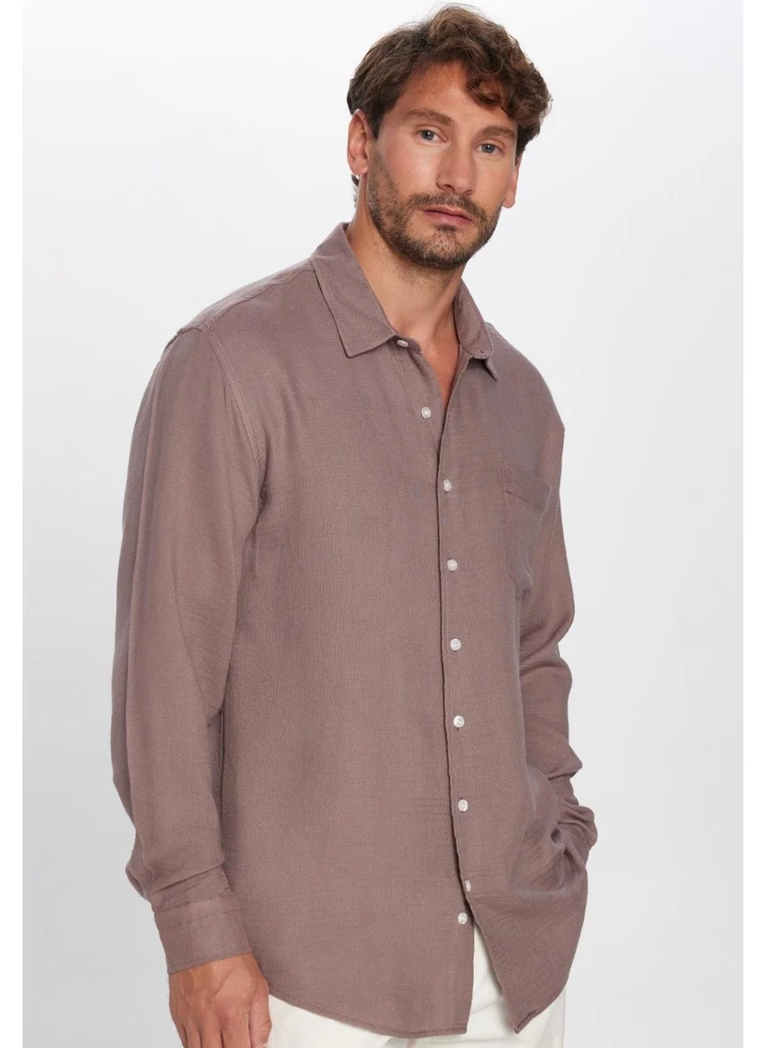 تودورس Men's Relax Fit Casual Cut Viscose Cotton Single Pocket Plain Plum Shirt