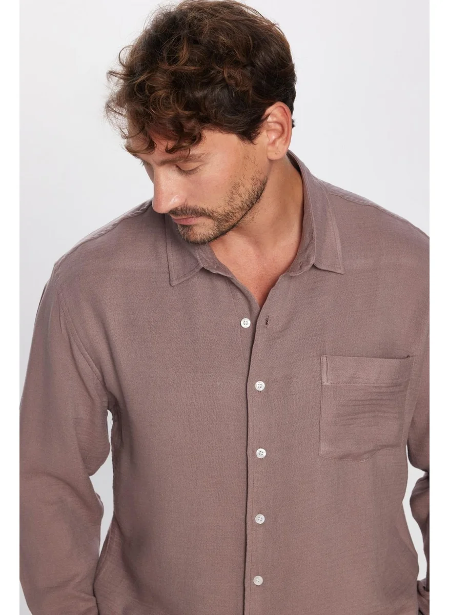 تودورس Men's Relax Fit Casual Cut Viscose Cotton Single Pocket Plain Plum Shirt