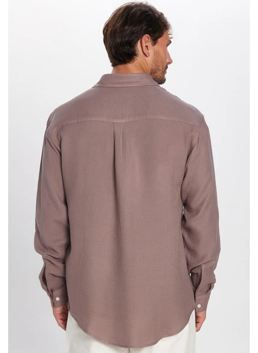 تودورس Men's Relax Fit Casual Cut Viscose Cotton Single Pocket Plain Plum Shirt