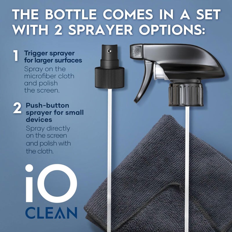 iO CLEAN Screen Cleaner Spray (16oz + mini Cleaner) – Best Large Cleaning Kit for LCD LED OLED TV, Smartphone, iPad, Laptop, Touchscreen, Computer Monitor, Electronic Devices, Microfiber Cloth and 2 Nozzles - Image 4