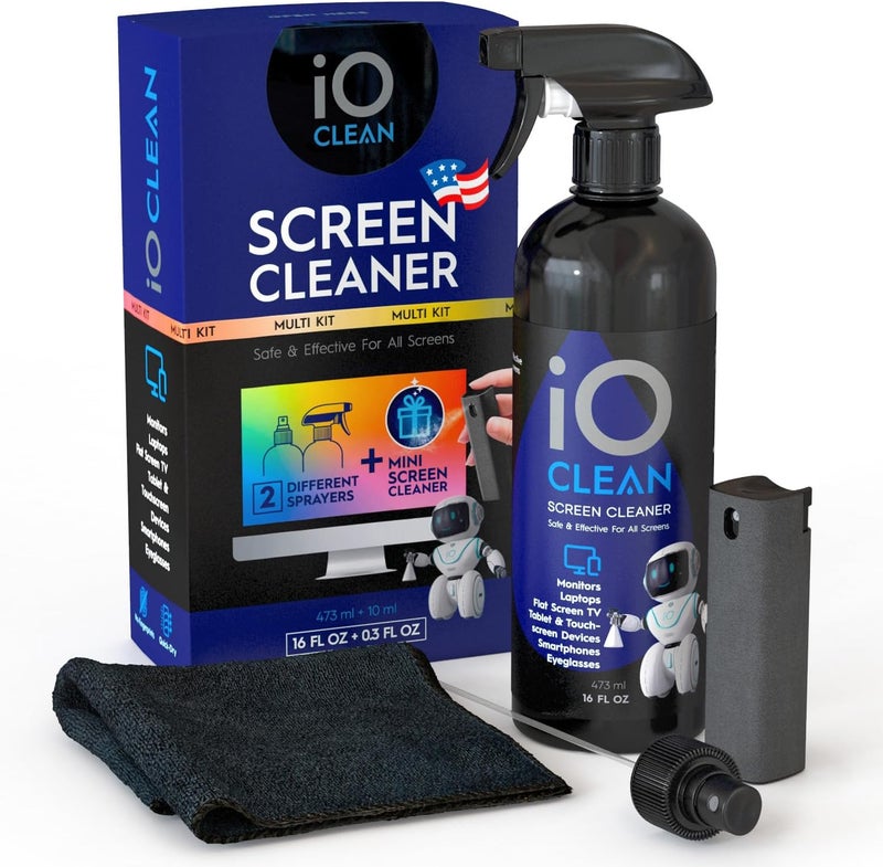 iO CLEAN Screen Cleaner Spray (16oz + mini Cleaner) – Best Large Cleaning Kit for LCD LED OLED TV, Smartphone, iPad, Laptop, Touchscreen, Computer Monitor, Electronic Devices, Microfiber Cloth and 2 Nozzles - Image 1