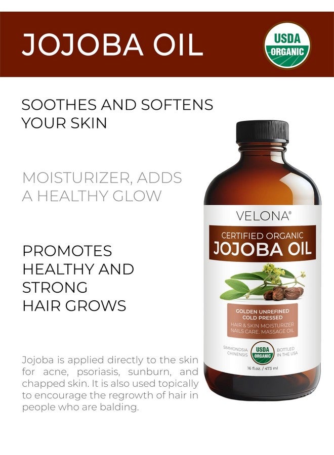 velona Usda Certified Organic Jojoba Oil - 16 Oz In Glass Bottle | 100% Pure And Natural | Golden, Unrefined, Cold Pressed, Hexane Free - Image 1