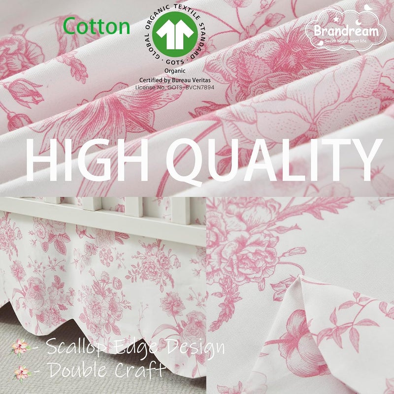 Brandream Scallop Edge Cotton Crib Skirt, Baby Girl, French Country Pink Toile Crib Skirt Toddler Bedskirt Farmhouse Chic Nursery Crib Bed Skirt, Boho Bohemian Vintage Grandmillennial Floral Print - Image 2