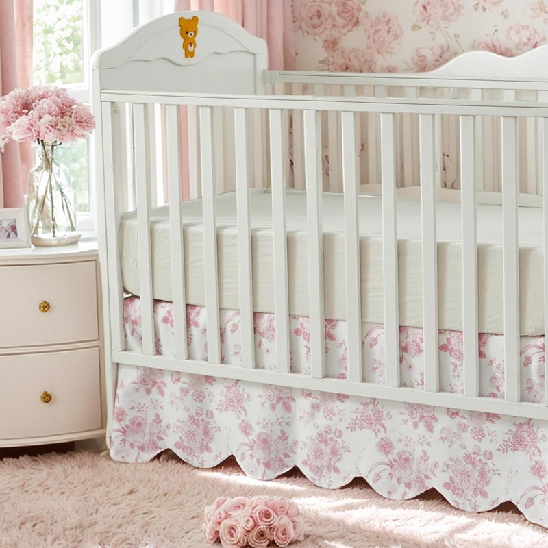 Brandream Scallop Edge Cotton Crib Skirt, Baby Girl, French Country Pink Toile Crib Skirt Toddler Bedskirt Farmhouse Chic Nursery Crib Bed Skirt, Boho Bohemian Vintage Grandmillennial Floral Print - Image 1
