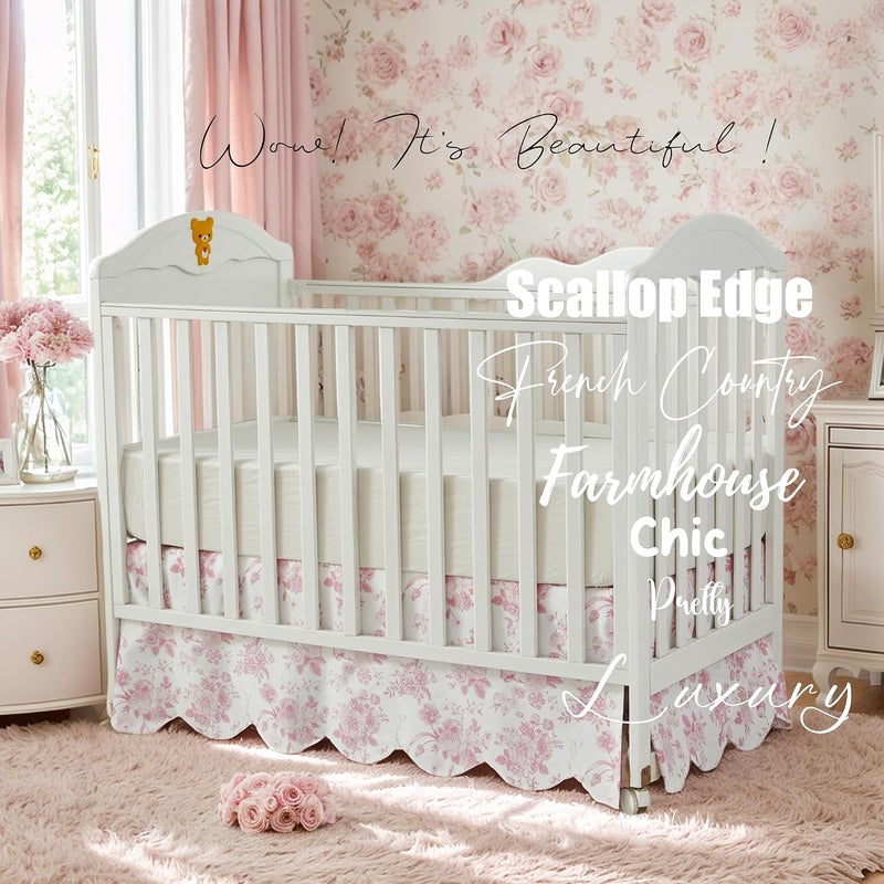 Brandream Scallop Edge Cotton Crib Skirt, Baby Girl, French Country Pink Toile Crib Skirt Toddler Bedskirt Farmhouse Chic Nursery Crib Bed Skirt, Boho Bohemian Vintage Grandmillennial Floral Print - Image 3
