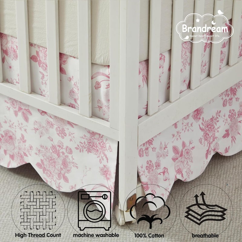 Brandream Scallop Edge Cotton Crib Skirt, Baby Girl, French Country Pink Toile Crib Skirt Toddler Bedskirt Farmhouse Chic Nursery Crib Bed Skirt, Boho Bohemian Vintage Grandmillennial Floral Print - Image 4