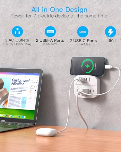 One Beat 2 Pack Multi Plug Outlet Splitter with USB,Surge Protector Outlet Extender with 3 Wall Outlets 4 USB Wall Charger(2 USB C),490 J, ETL Listed,Small Outlet Adapter Plug Extender for Travel,WH - Image 2