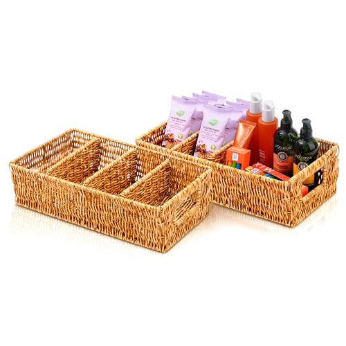 Cantalop Nature-Inspired Rattan Pantry Organizer Baskets Set of 2 with 3 Removable Dividers – Handwoven Storage Bins for Kitchen or Bathroom Organization, Ideal for Snacks, Coffee & Tea (13” x 7.3” x 3.7”) - Image 1