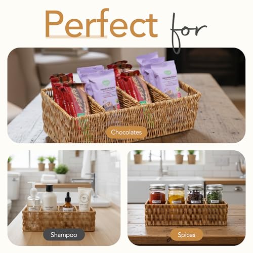 Cantalop Nature-Inspired Rattan Pantry Organizer Baskets Set of 2 with 3 Removable Dividers – Handwoven Storage Bins for Kitchen or Bathroom Organization, Ideal for Snacks, Coffee & Tea (13” x 7.3” x 3.7”) - Image 5