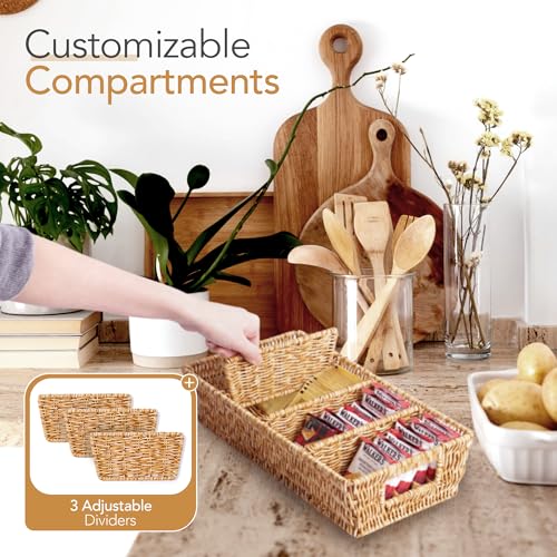 Cantalop Nature-Inspired Rattan Pantry Organizer Baskets Set of 2 with 3 Removable Dividers – Handwoven Storage Bins for Kitchen or Bathroom Organization, Ideal for Snacks, Coffee & Tea (13” x 7.3” x 3.7”) - Image 4