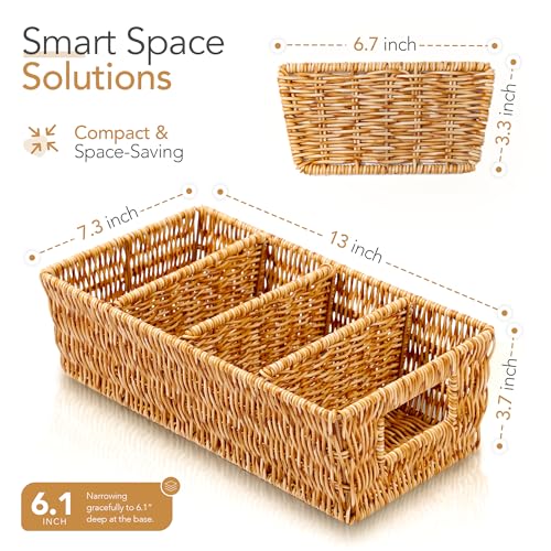 Cantalop Nature-Inspired Rattan Pantry Organizer Baskets Set of 2 with 3 Removable Dividers – Handwoven Storage Bins for Kitchen or Bathroom Organization, Ideal for Snacks, Coffee & Tea (13” x 7.3” x 3.7”) - Image 2
