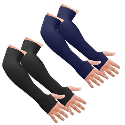 SNMMIFER UV Protection Arm Sleeves with Thumb Holes, Nylon Sun Protection Hand Cover for Running and Cycling, Unisex (2 Pair-Black And Blue) - Image 1