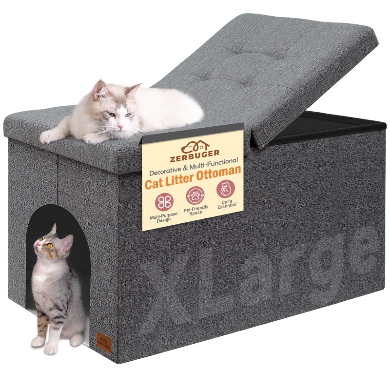Zerbuger Cat Litter Box Enclosure Furniture for Odor Control, Hidden Cabinet Cats Litter Ottoman with Flip-Up Lid,Cat Litter Box Bench with Storage Space, Dog Proof(Grey, X-Large) - Image 1