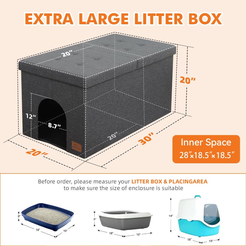 Zerbuger Cat Litter Box Enclosure Furniture for Odor Control, Hidden Cabinet Cats Litter Ottoman with Flip-Up Lid,Cat Litter Box Bench with Storage Space, Dog Proof(Grey, X-Large) - Image 2