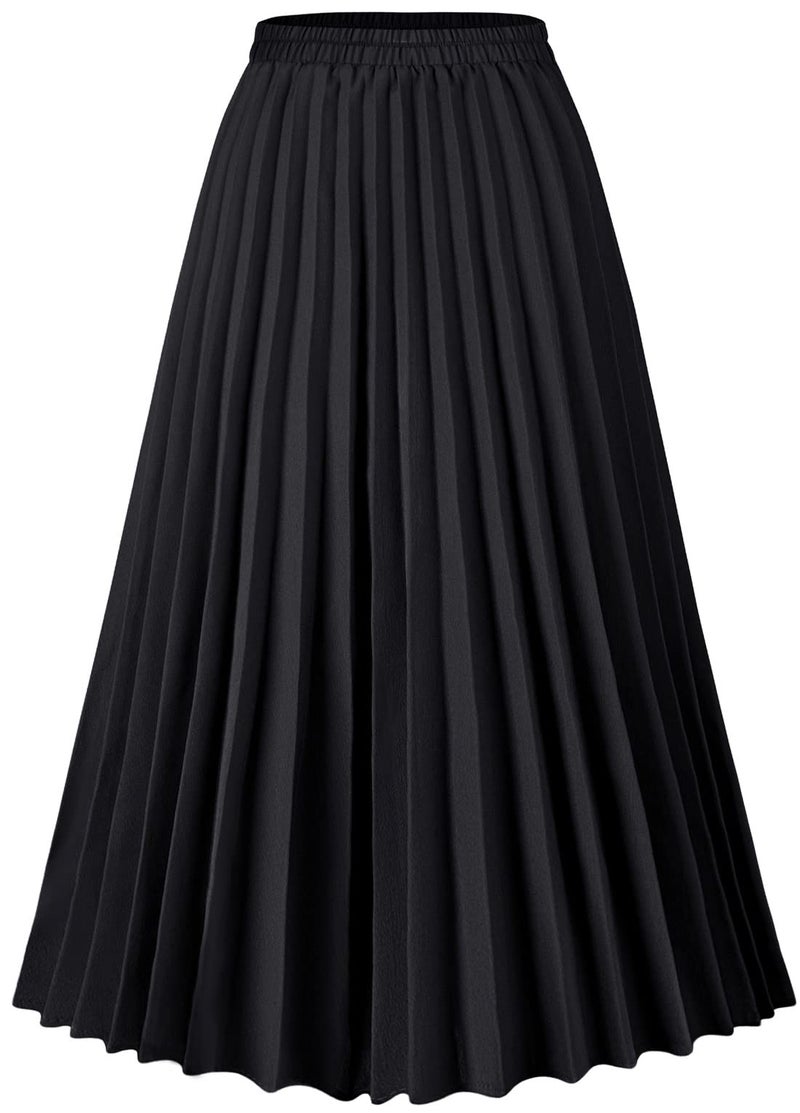 Basoteeuo Black Pleated Skirt for Women Midi Length Summer High Waisted A Line Elastic Waist Skirts S - Image 1