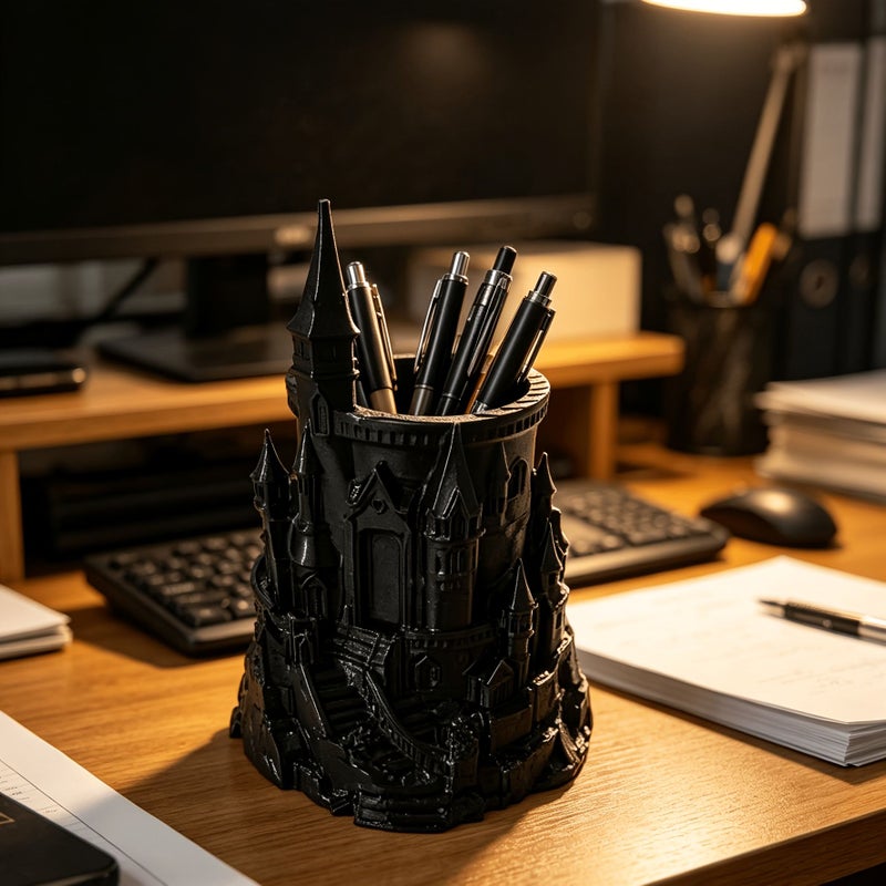 Black Castle Shaped Pen Holder Realistic Design Desk Decor Office Study Gift - Image 2