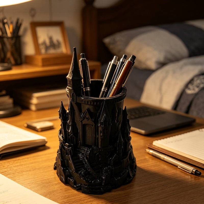 Black Castle Shaped Pen Holder Realistic Design Desk Decor Office Study Gift - Image 4