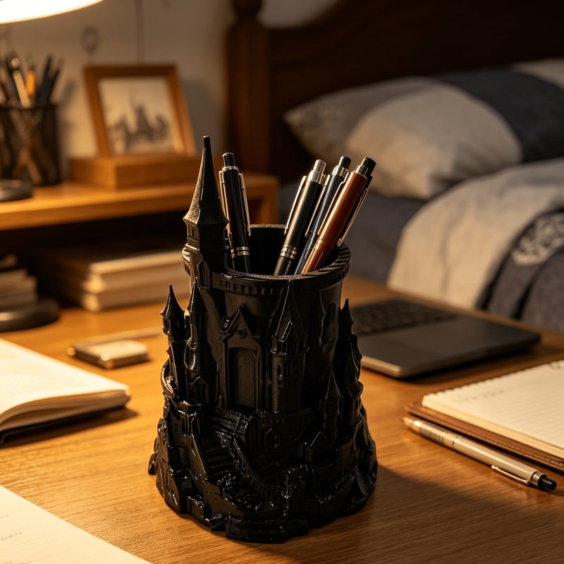 Black Castle Shaped Pen Holder Realistic Design Desk Decor Office Study Gift - Image 5
