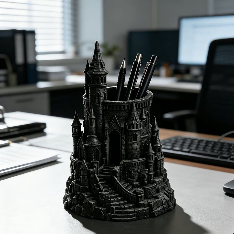 Black Castle Shaped Pen Holder Realistic Design Desk Decor Office Study Gift - Image 1