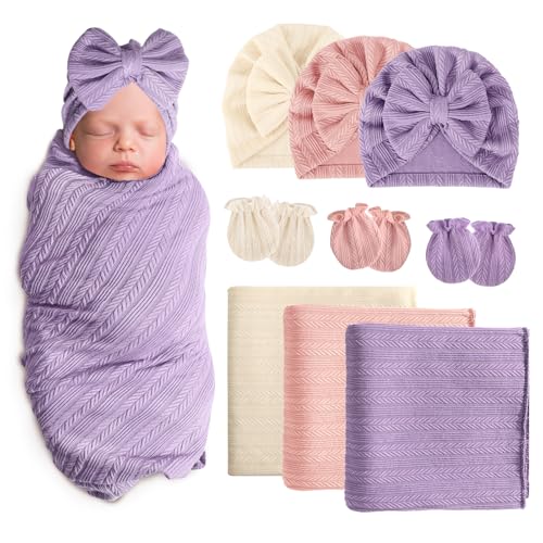 AQOKKA Newborn Receiving Blanket with Bow Hat Mittens Set WheatPattern Newborns Toddler Baby Boy Girl Nursery Swaddle Wrap - Image 1