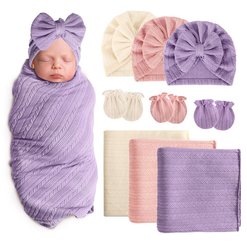 AQOKKA Newborn Receiving Blanket with Bow Hat Mittens Set WheatPattern Newborns Toddler Baby Boy Girl Nursery Swaddle Wrap - Image 2