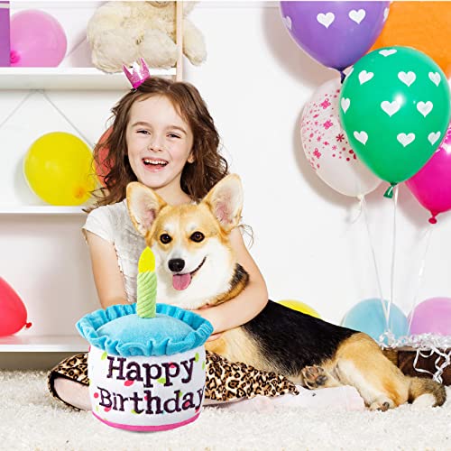 Ushang Pet Dog Birthday Cake Toy, Happy Birthday Cake Shaped Squeaky Dog Toys for Small & Medium Dogs Funny Dogs Gifts Plush Dog Party Toys, Small, Blue - Image 3