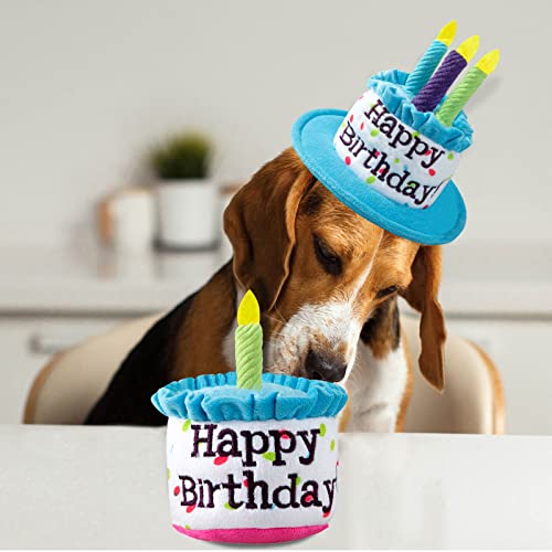 Ushang Pet Dog Birthday Cake Toy, Happy Birthday Cake Shaped Squeaky Dog Toys for Small & Medium Dogs Funny Dogs Gifts Plush Dog Party Toys, Small, Blue - Image 4