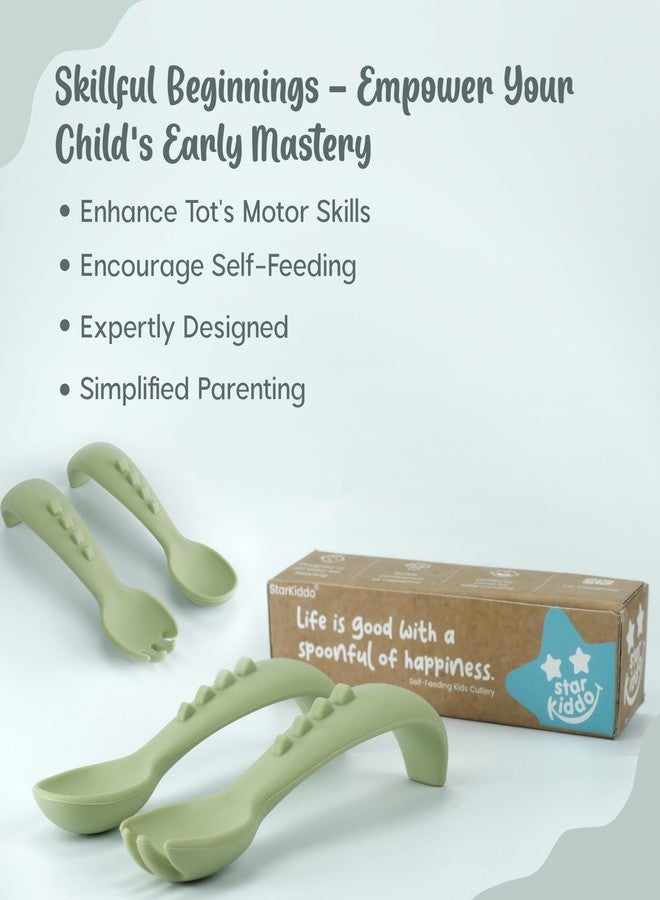 StarKiddo® Soft Silicone Spoon and Fork Set | Silicone Baby Cutlery| Baby Feeding Spoon and Fork| Training Feeding for Kids and Toddlers| BPA Free| Food Grade| Dishwasher Safe (Tea Green) - Image 3