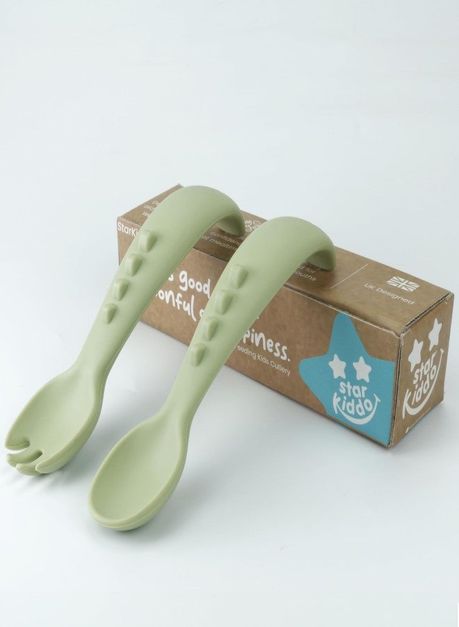 StarKiddo® Soft Silicone Spoon and Fork Set | Silicone Baby Cutlery| Baby Feeding Spoon and Fork| Training Feeding for Kids and Toddlers| BPA Free| Food Grade| Dishwasher Safe (Tea Green) - Image 1