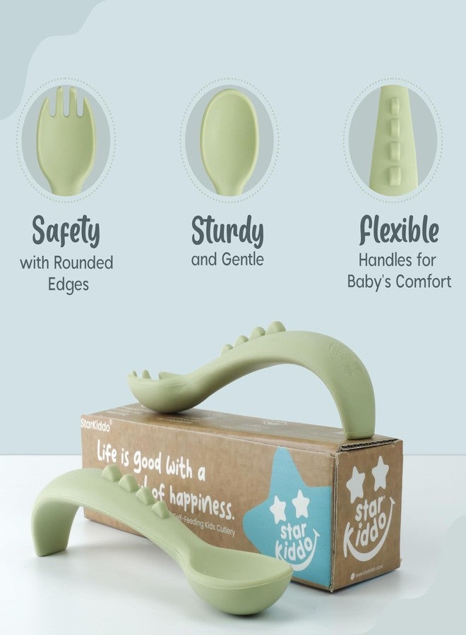 StarKiddo® Soft Silicone Spoon and Fork Set | Silicone Baby Cutlery| Baby Feeding Spoon and Fork| Training Feeding for Kids and Toddlers| BPA Free| Food Grade| Dishwasher Safe (Tea Green) - Image 4