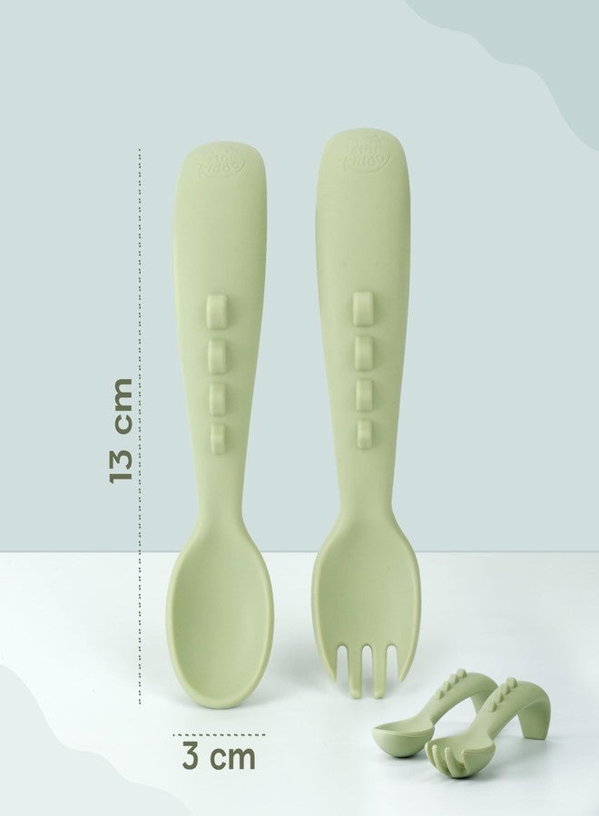 StarKiddo® Soft Silicone Spoon and Fork Set | Silicone Baby Cutlery| Baby Feeding Spoon and Fork| Training Feeding for Kids and Toddlers| BPA Free| Food Grade| Dishwasher Safe (Tea Green) - Image 2