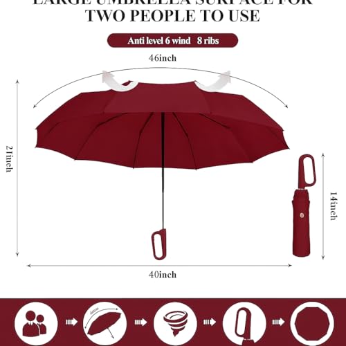 Zemic UV Umbrella with Novelty Carabiner Handle, Travel Umbrellas for Rain and Sun Protection, Windproof Compact, Automatic Open/Close, 8 Ribs, Portable Umbrella for Men and Women (Maroon) - Image 5