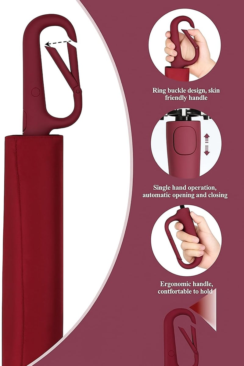 Zemic UV Umbrella with Novelty Carabiner Handle, Travel Umbrellas for Rain and Sun Protection, Windproof Compact, Automatic Open/Close, 8 Ribs, Portable Umbrella for Men and Women (Maroon) - Image 2