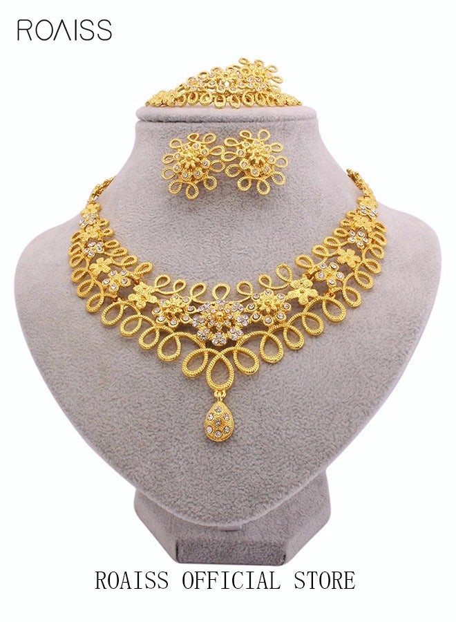 roaiss Golden Bride Wedding Jewelry Set for Women Necklace Bracelet Earrings and Ring with Inlaid Gemstones - Image 2
