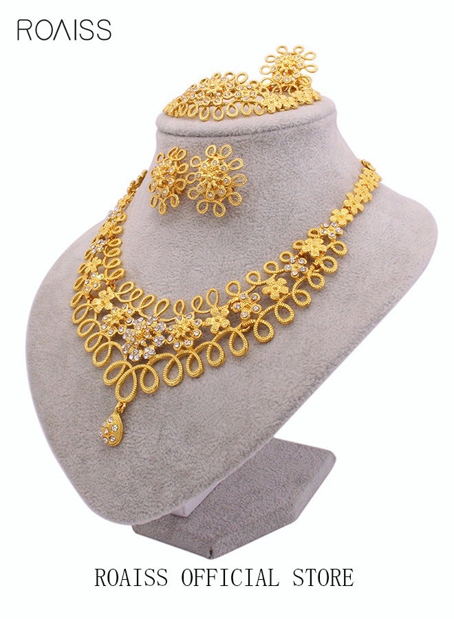 roaiss Golden Bride Wedding Jewelry Set for Women Necklace Bracelet Earrings and Ring with Inlaid Gemstones - Image 1