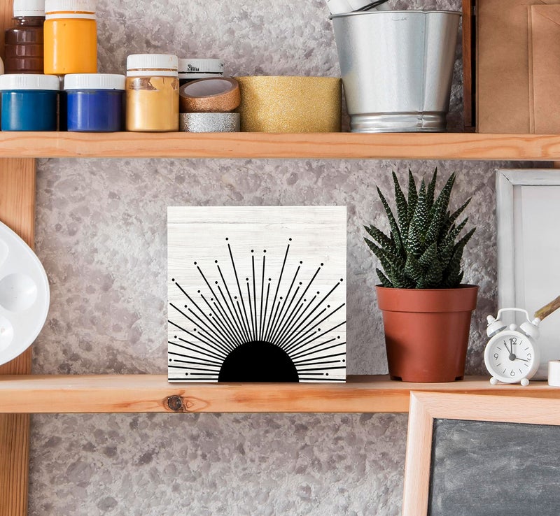 SRADMO Abstract Boho Black Sun Sunrise Sunset Sunshine Sunray Rustic Wood Box Sign Desk Decor, Boho Mid Century Modern Art Wooden Block Box Sign Decoration for Home Office Wall Shelf Table Decor - Image 4