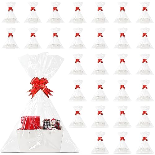 Tuanse 30 Pcs Basket for Gift Empty DIY Bulk Gift Basket Kit with Handle Kraft Cardboard Tray with 30 Bag 30 Bow Market Tray for Wedding PartyWhite98 x 65 x 43 in - Image 1