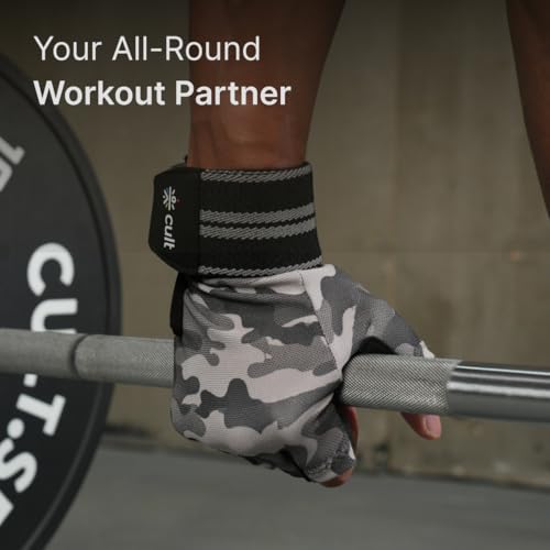CULT Workout Gym Gloves for Men & Women – Durable Protective Gear with Anti-Slip Leather Grip, Breathable Lycra, Sweat-Absorbent & Half-Finger Design for Weightlifting, Strength Training - Camo - Image 3