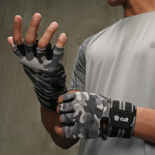 CULT Workout Gym Gloves for Men & Women – Durable Protective Gear with Anti-Slip Leather Grip, Breathable Lycra, Sweat-Absorbent & Half-Finger Design for Weightlifting, Strength Training - Camo - Image 2