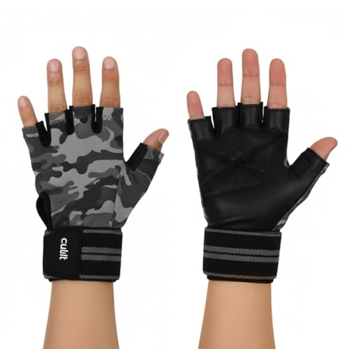 CULT Workout Gym Gloves for Men & Women – Durable Protective Gear with Anti-Slip Leather Grip, Breathable Lycra, Sweat-Absorbent & Half-Finger Design for Weightlifting, Strength Training - Camo - Image 1