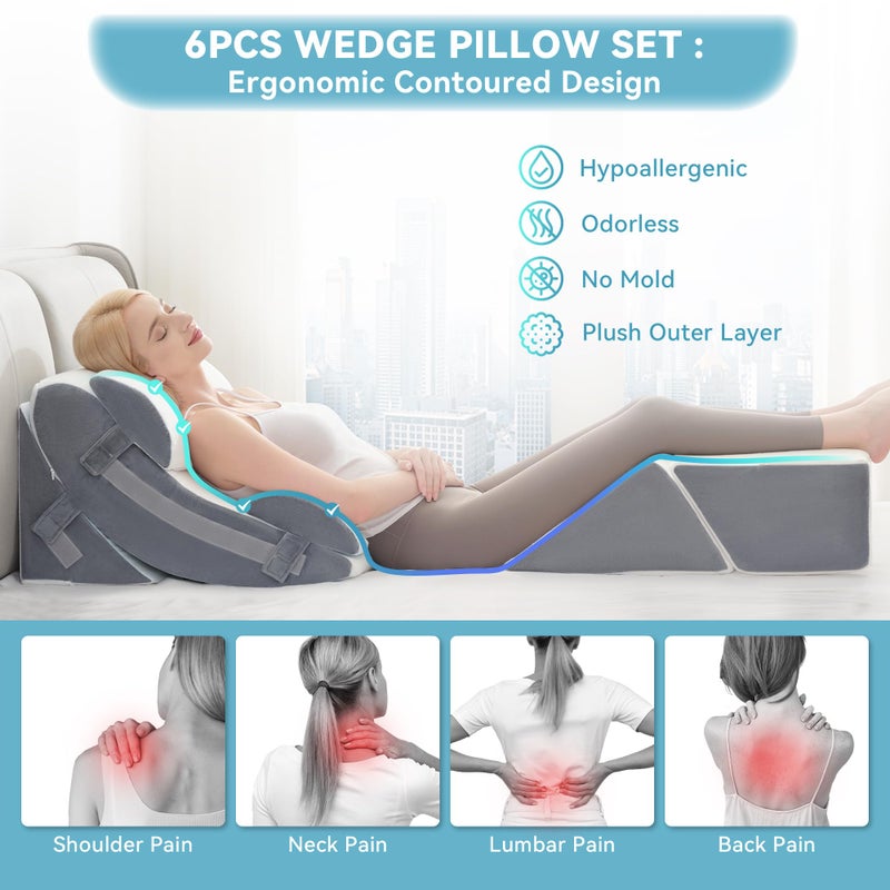 Kingfun 6PCS Orthopedic Bed Wedge Pillow Set for Headboard, Post Surgery Memory Foam Support Pillows for Back, Neck and Leg Pain Relief, Adjustable Triangle Pillow - Acid Reflux, Anti Snoring & GERD - Image 4