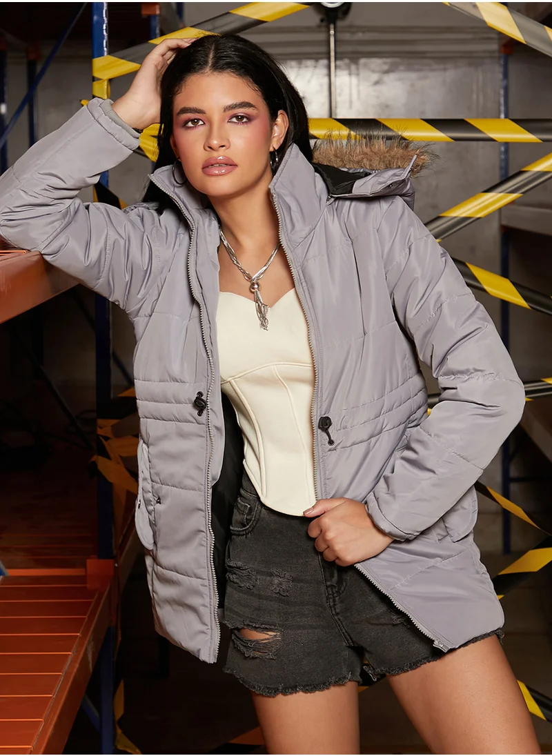 كامبوس سوترا Women's Coin Grey Puffer Jacket With Detachable Fur Hood