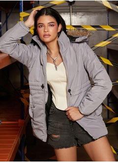 كامبوس سوترا Women's Coin Grey Puffer Jacket With Detachable Fur Hood  - Image 2