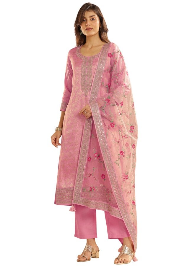 Libas Womens Woven Design Silk Blend Straight Kurta With Trousers and Dupatta - Image 1