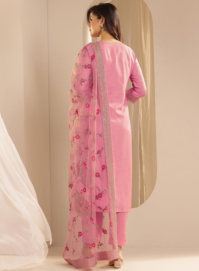 Libas Womens Woven Design Silk Blend Straight Kurta With Trousers and Dupatta - Image 3