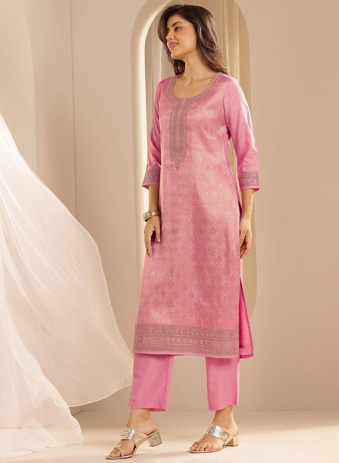 Libas Womens Woven Design Silk Blend Straight Kurta With Trousers and Dupatta - Image 2