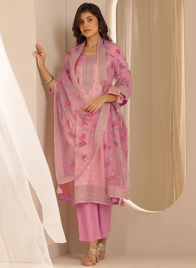 Libas Womens Woven Design Silk Blend Straight Kurta With Trousers and Dupatta - Image 5