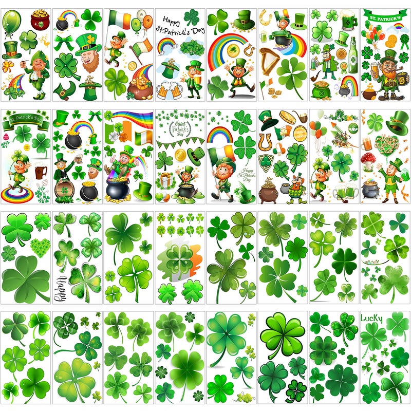 VANTATY 32 Sheets 248+ PCS St Patricks Day Tattoos For Kids Girls Boys Women Men Adults, Saint St. Patrick's Day Accessories Shamrock Temporary Tattoo Stickers, Lucky Clover Tattoo Irish Party Favor - Image 1