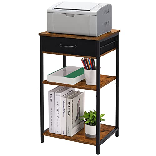 BTY Printer Stand with Storage 3 Tier Home Printer Table with Drawers Multifunctional Under Desk Printer Shelf Holder Industrial End Table Nightstand for Fax Machine Scanner Files Brown - Image 1