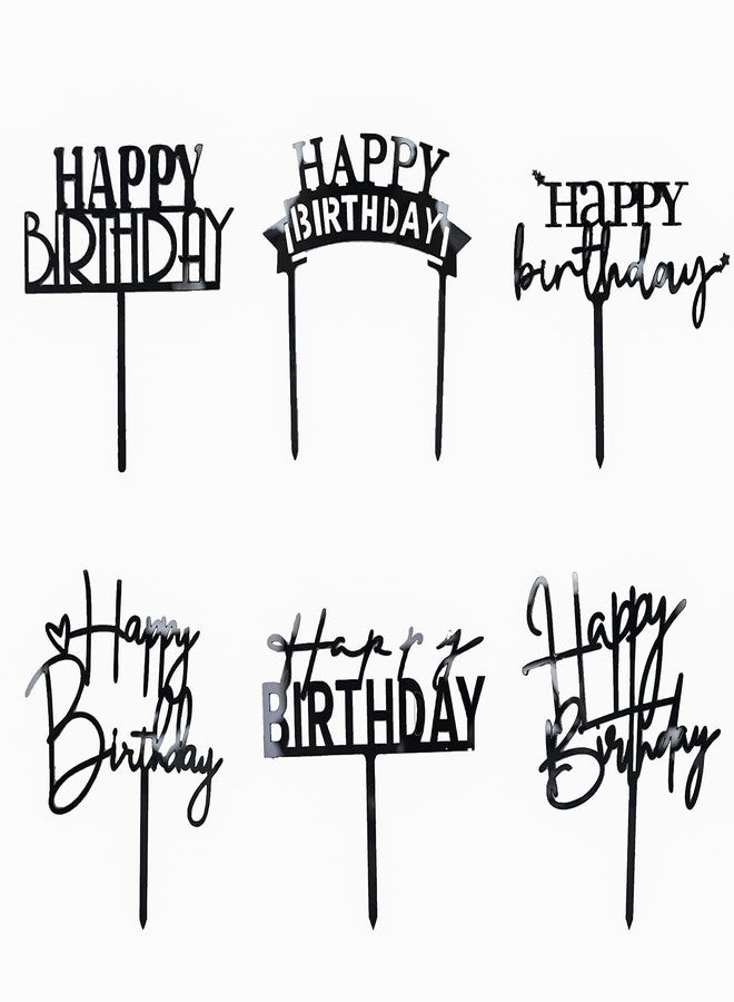 Hazyore Black Birthday Cake Topper, 6pcs Acrylic Birthday Cake Toppers Happy Birthday Cake Toppers for Birthday Decorations - Image 1